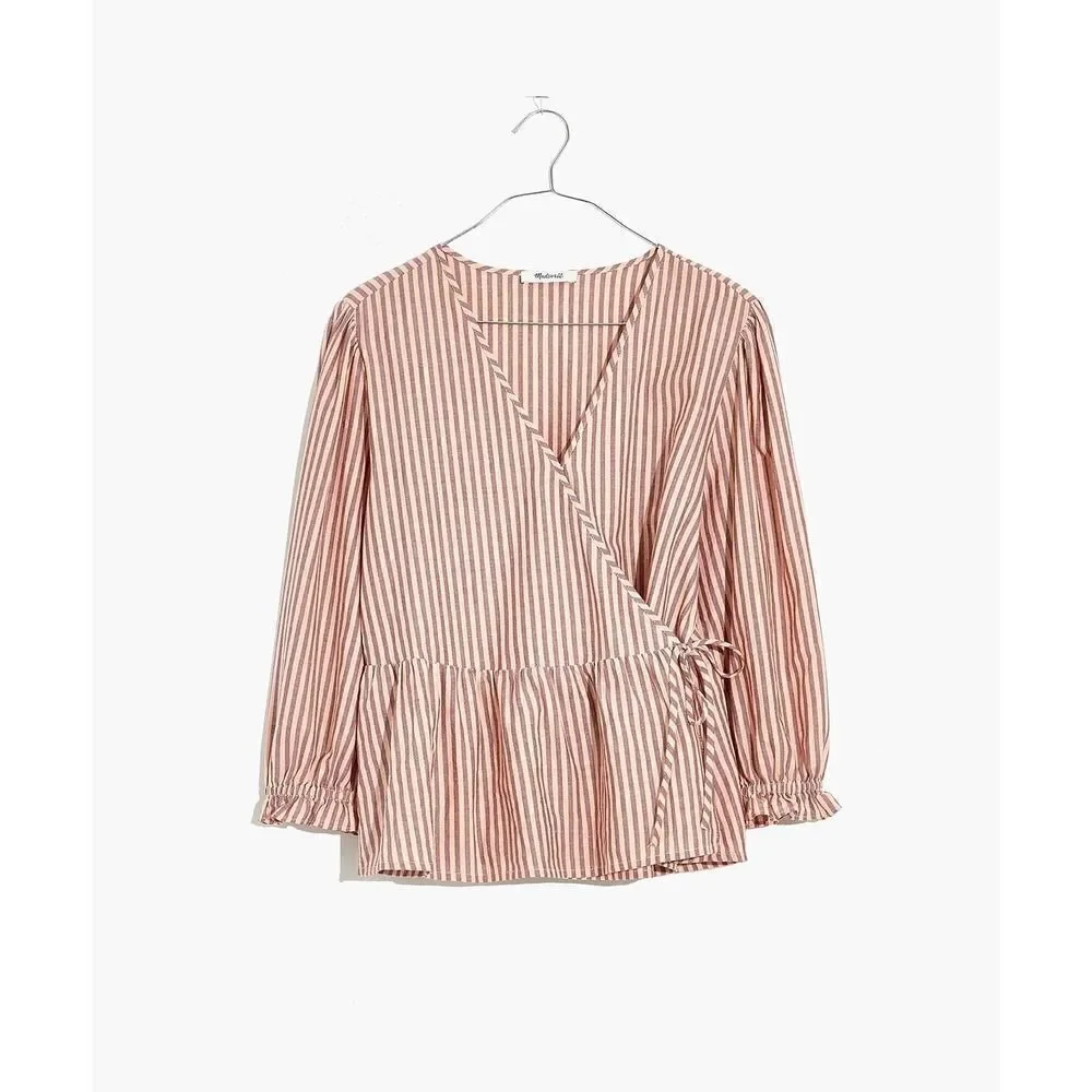 MADEWELL Puff-Sleeve Peplum Wrap Top in Stripe size XXS Retails $79